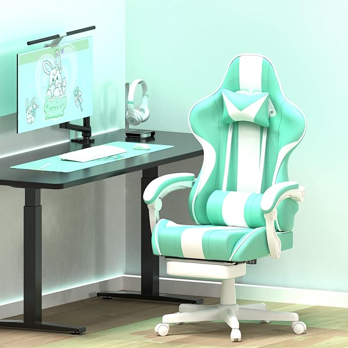 Ferghana Gaming Chairs Ergonomic Racing Style PC Game Computer Chair with Headrest Lumbar Support Adjustable Recliner PU Leather Video Computer Chair(Light Green)