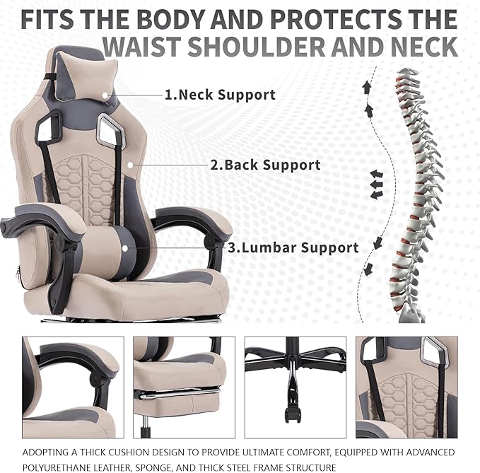 Computer Chair Gaming Gaming Chair with Massager Ergonomic High Back Racing Style Chair with Padded Armrests and Headrest for Long Sessions Work Game (Grey)