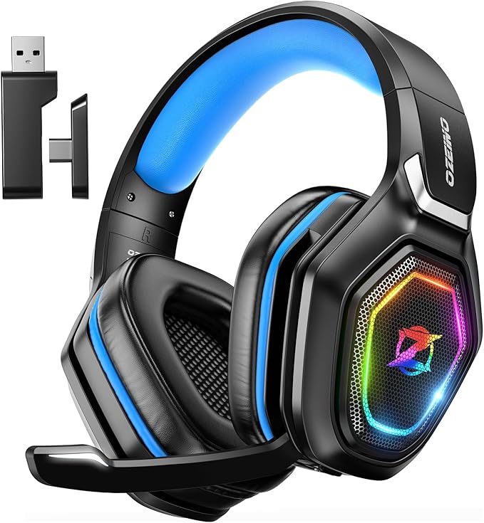 Ozeino 2.4GHz Gaming Headset Wireless with Flip Mic for Ps5 Ps4 PC Gaming Headphones with RGB Light 40Hr Battery Bluetooth Headset for Laptop Mobile Mac