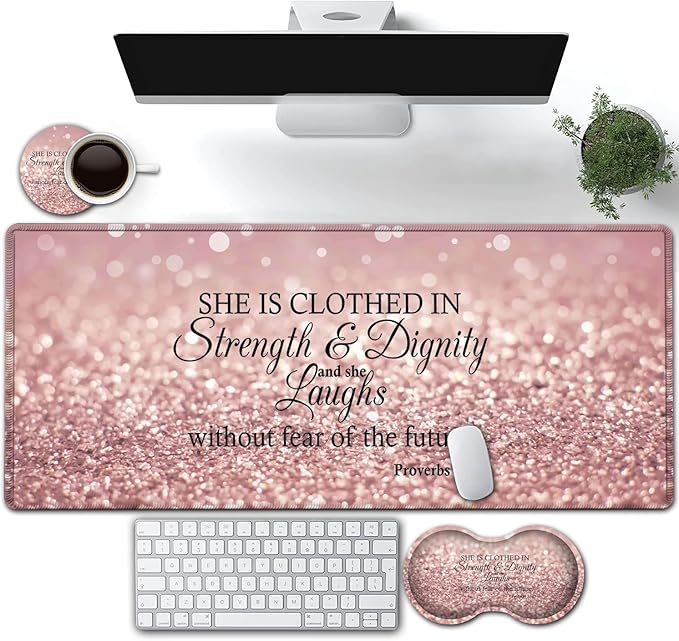 Large Gaming Mouse Pad Extended Waterproof Desk Pad Protector (31.5 x 11.8) Ergonomics Memory Foam Mouse Wrist Rest Support for Home Office Laptop Proverbs 31:25 Bible Verse XXL Pink Mouse Mat