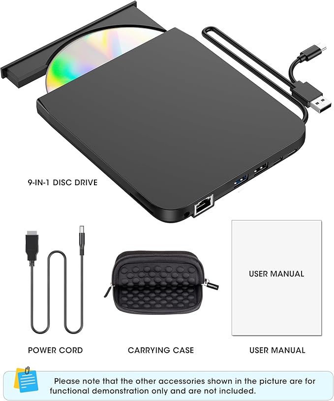 ROOFULL New USB 3.0 External CD DVD Drive with Ethernet Adapter USB-A/C Ports SD/TF Card Slot Carrying Case USB-C CD DVD Reader Burner Writer Player Optical Disc Drive for Windows &amp Mac Laptop