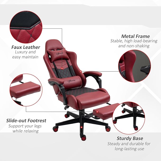 Gaming Chair Ergonomic PU Leather Office Chair High Back Swivel Recliner with Footrest Lumbar Support Adjustable Height 360° Rotation (Red)