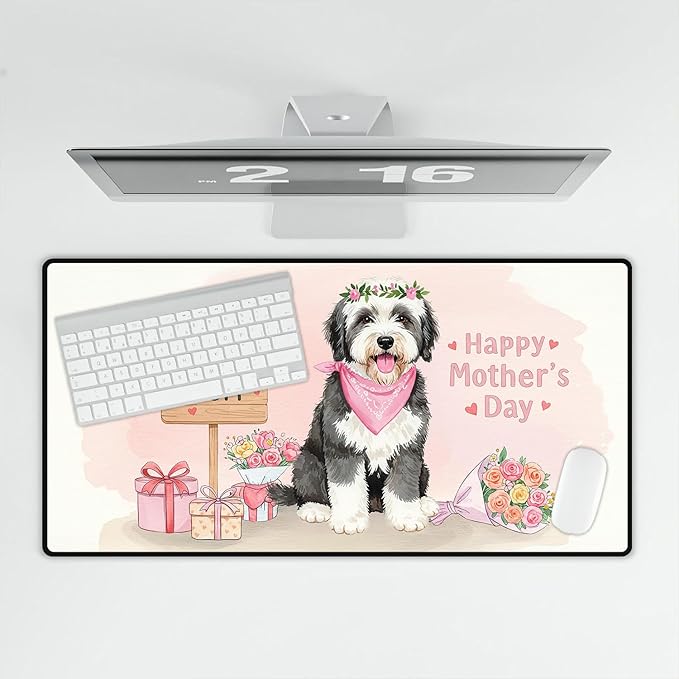 Happy Mother's Day Old English Sheepdog Love Dog Mom Heart Flower Desk Mat Full Keyboard Mouse Pad Dog Lover Large Mousepad 12004