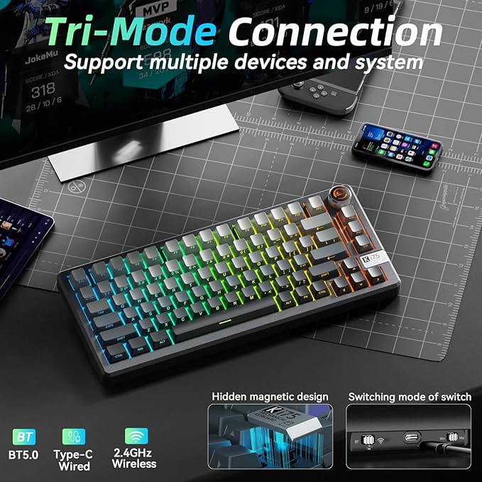 SOLAKAKA KI75 Wireless Mechanical Keyboard Aluminum Gaming Keyboard 75% Hot-swappable Side-Printed PBT Keycaps 2.4GHz/BT5.0/USB-C RGB Backlit Creamy Keyboards with Knob for PC/Laptop/Mac