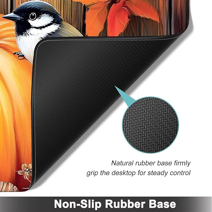 Large Mouse pad and Keyboard Support Set Ergonomic Memory Foam Keyboard Wrist Rest Extended Gaming Mouse Pad with Stitched Edges Fall Pumpkins and Bird XXL Desk Mat (31.5 X 11.8 in)