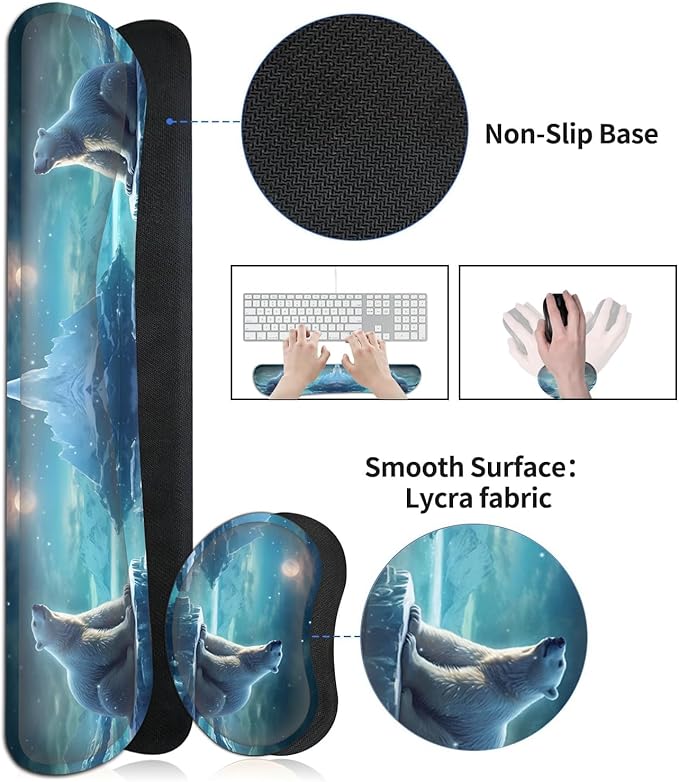 JVGFYNKL Large Gaming Mouse Pad Set Ergonomic Memory Foam Keyboard Wrist Rest Support + Mouse Wrist Rest + Extended Desk Mat with Non-Slip Rubber Base Cute Polar Bear Pattern Desk Pad