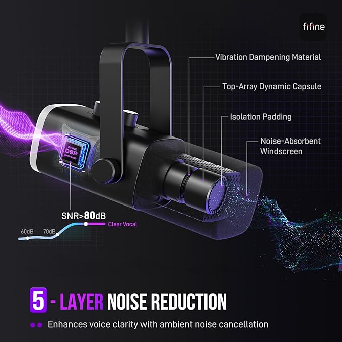 FIFINE XLR/USB Gaming Microphone with Desktop Mic Stand Kit Streaming Dynamic Microphone with RGB Gain Knob Headphone Jack Adjustable Table Mic Stand for Recording Podcast Voice-Over-AM8+BS1