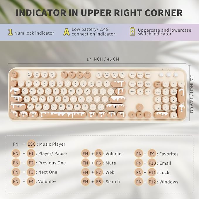 Wireless Keyboard and Mouse Combo 2.4 GHz Wireless Full-Sized Typewriter Keyboard with Round Keycaps for Windows Computer Desktop PC Laptop (Ice Cream)