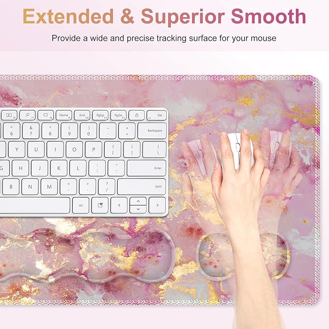 Gaming Mouse Pad Keyboard Wrist Support 4 in1 Mousepad Set with Wrist Keyboard Rest Computer Desk Mat Non-Slip Desk Pad Protector with Memory Foam Easy Typing Pain Relief I Nice Pink Marble