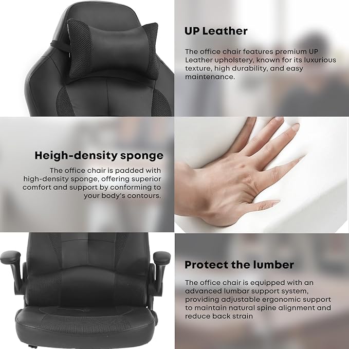 Gaming Chair Computer Chair Ergonomic Office Chair with Lumbar Support Flip Up Arms Headrest PU Leather Executive High Back Home Office Desk Chair for Adults Officials TeensBlack