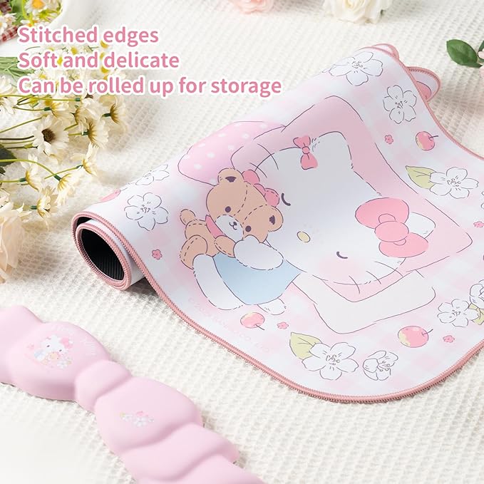 Kawaii Anime Mouse Pad Wrist Rest Support Set - Non-Slip Desk Mat and Memory Foam Bowknot Wrist Rest for Keyboard and MousePerfect for Gaming or Home Office Work - FlowerCat