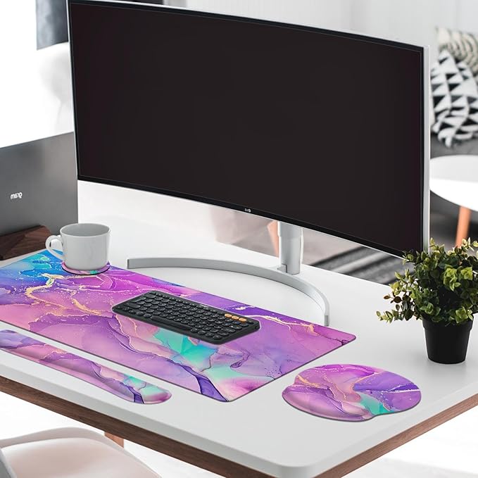 Arttown Purple Blue Marble Desk Mat Painting Golden Mouse Pad Set with Wrist Support 4-in-1 Large Mousepad+Keyboard Wrist Rest+Mouse Wrist Rest+Coaster with Ergonomic Design Non-Slip Mat