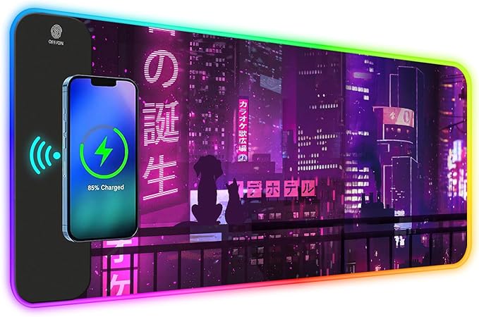 ToLuLu RGB Gaming Wireless Charging Mouse Pad 15W 10 Light Modes LED Mouse Pad Computer Keyboard Mat Mousepad 800x300x4MM Extended Large Desk Mat for Gaming MacBook Laptop PC Neon Purple Sign