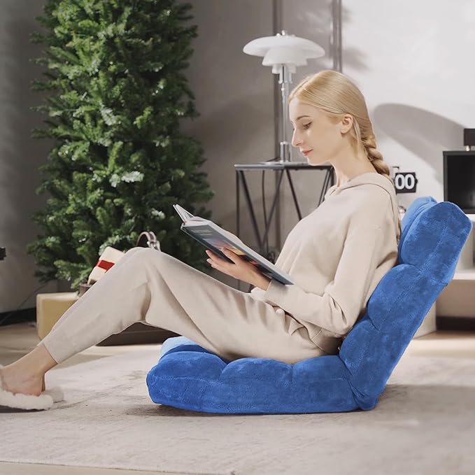 GORELAX Memory Foam Floor Chair 14-Poistion Adjustable Floor Reading Gaming Chair Recliner Folding Cushioned Meditation Chair with Back Support Padded Lazy Sofa Chair for Adults Kids (Blue)