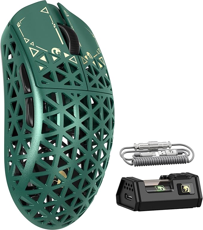 MAMBASNAKE M5 Ultra Carbon Fiber 8000Hz Wireless Gaming Mouse 39g Superlight 42000DPI PAW3950MAX Sensor Nordic 52840 Chip Bluetooth/2.4G/USB-C Wired Mice with Coiled Cable for PC/Mac (Green)