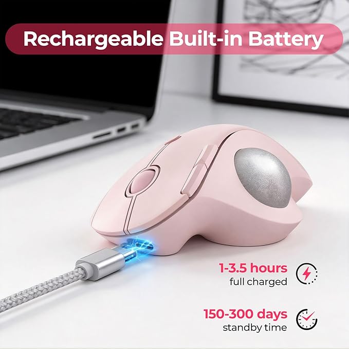 seenda Wireless Trackball Mouse Bluetooth - Ergonomic Rollerball Mouse Rechargeable 3 Device Connection Optical Mice Adjustable DPI Thumb Control Mice Compatible for Mac/Android/Windows - Rose Pink