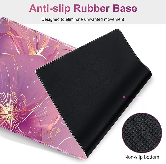 Desk Mat Pad Gaming Mouse Pad Wrist Support Set 4 in1 Non-Slip Large Mousepad + Ergonomic Keyboard Wrist Rest+Mouse Wrist Rest+Coaster for Home Office Computer I Pink Purple Gold Floral