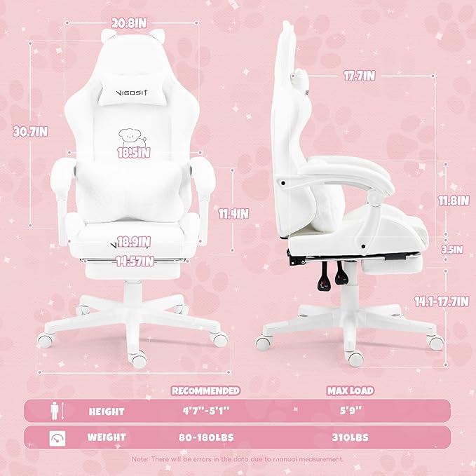 White Gaming Chair with Cute Ears &amp Lumbar Pillow Ergonomic Racing Style Computer Chair with Footrest Reclining High Back PU Leather Video Gamer Chairs for Girls &amp Kids &amp Adults