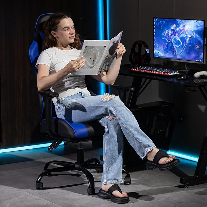 Gaming Chair with Footrest Ergonomic PC Desk Chair with Headrest and Massage Lumbar Support Video Game Chair w/Height Adjustable High Back for Home Office Blue