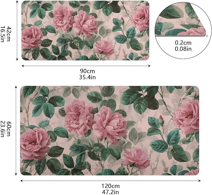 Mouse Pad Desk Mat Leather Desk Pad Large Gaming Desk Cover Protector Mat for Keyboard Computer Laptop Office Waterproof 35.4 x 16.5 Inch Pink Vintage Roses with Leaves