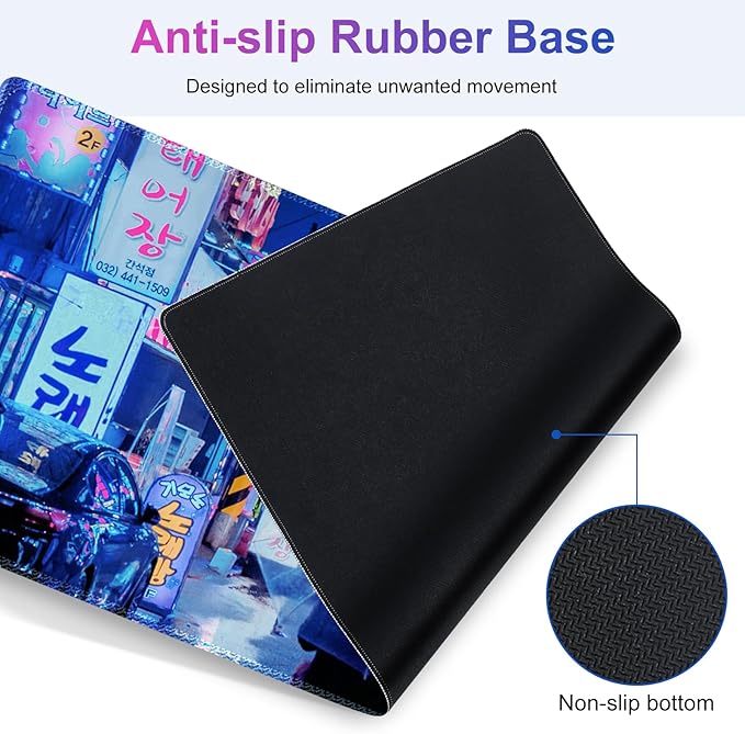 Large Gaming Mouse Pad Set 4 in 1 Extended Keyboard Desk Mat with Wrist Rest Computer Game Mousepad Non-Slip Desk Pad Protector Easy Typing Pain Relief for Home Office I Anime Neon Street