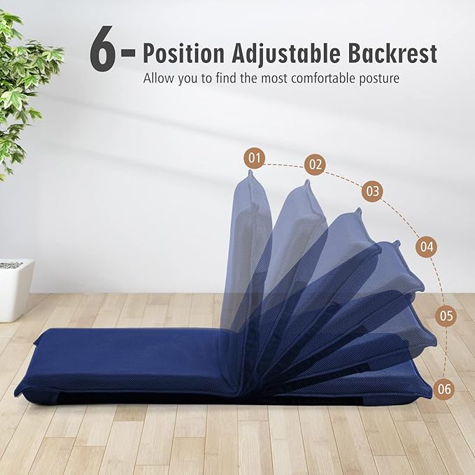 MAT EXPERT Adjustable Floor Chair 6-Position Mesh Floor Gaming Chair Folding Lazy Sofa Padded Lounger Recliner Cushioned Floor Chair with Back Support for Reading Meditating (Navy Blue)