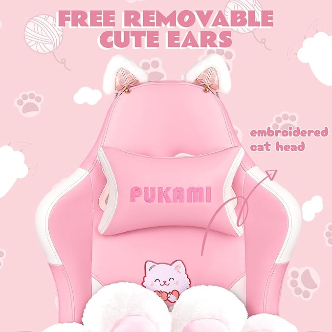 VITESSE Pink Gaming Chair for Girl with Cat Paw Lumbar Cushion and Cat EarsErgonomic Computer Chair for Girl with Footrest and Headrest Comfortable Reclining PC Game Chair for AdultKid (White)