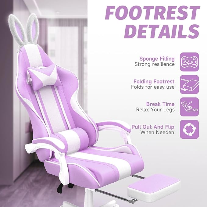 Ferghana Kawaii Light Purple Gaming Chair with Bunny Ears Ergonomic Cute Gamer Chair with Footrest and Massage Racing Reclining Leather Office Computer Game Chair for Girls Adults Teens Kids