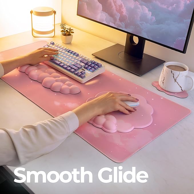 Premium Quality Cloud Wrist Rest Keyboard &amp Mouse Pad Set – Ergonomic Memory Foam Desk Accessories with Wrist Support for Office &amp Gaming – Pink