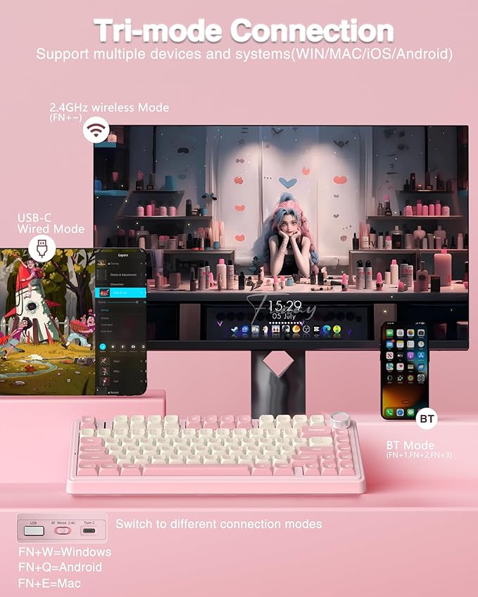 AULA F75 75% Wireless Mechanical Keyboard Hot Swappable Pink Creamy Keyboard Pre-lubed Linear Switches PBT Keycaps 2.4GHz/Type-C/BT5.0 RGB Backlit Computer Gaming Keyboards for Office/Laptop/PC