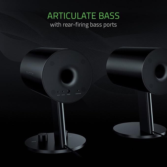 Razer Nommo: Custom Woven Fiberglass 3 Drivers - Rear-Facing Bass Ports - Bass Knob w/ Automatic Gain Control - Full Range 2.0 PC Gaming Speakers