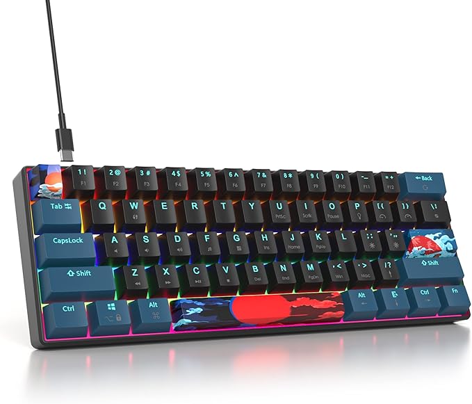 Protable 60% Percent Gaming Keyboard Mechanical Mini Compact Backlit 61 Keys Wired Office Keyboard with Red Switch for Mac/Win (Monstor Black/red Switch 61)