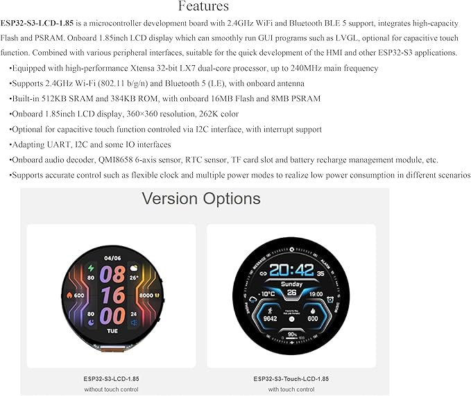 ESP32-S3 1.85inch Touch Display Development Board 360×360 IPS LCD Dual-Core Processor Up to 240MHz Audio Codec Support Offline Speech Recognition and AI Speech Interaction with 8Ω 2W Speaker