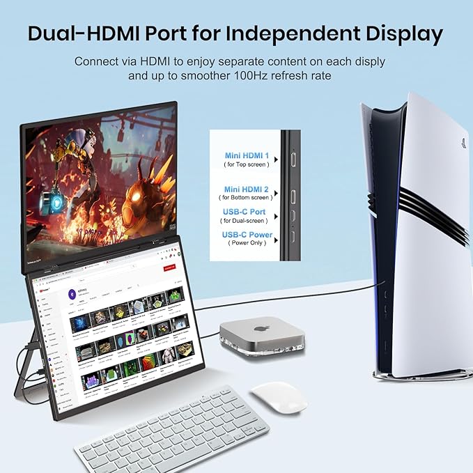 18.5'' Portable Dual Monitor One Cable Laptop Screen Extender FHD 1080P 100Hz Type-C USB-A HDMI Folding Stacked Triple Monitor Built-in Stand Speakers for Laptop Desktop Windows Mac(Driver Need)