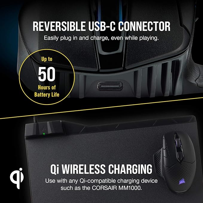 Corsair Dark CORE RGB PRO SE Wireless FPS/MOBA Gaming Mouse with Qi Charging – 18000 DPI – 8 Programmable Buttons – Sub-1ms Wireless – iCUE Compatible – PC Mac PS5 PS4 Xbox – Black