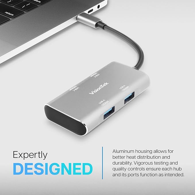 VisionTek USB C Hub 4 Port Adapter - 10Gbps High Speed Data Transfer Dongle 2 USB C and 2 USB A Ports Aluminum Multiport Splitter for MacBook Pro Air iPad Pro Chromebook Windows Laptop