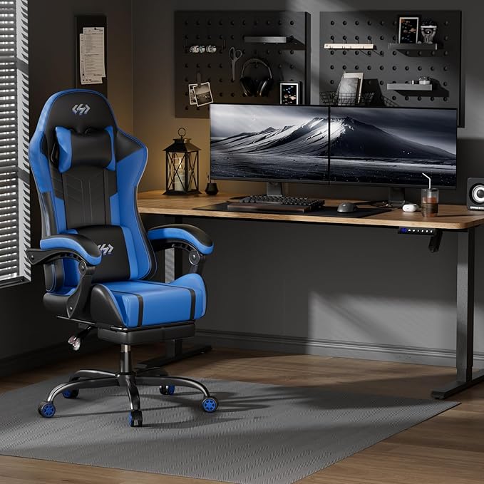 HLDIRECT Gaming Chair Ergonomic Video Game Seat with 360° Swivel &amp Lumbar Massage Computer Chair PU Leather Cushion for Adults Home/Office Use (Black &amp Blue)