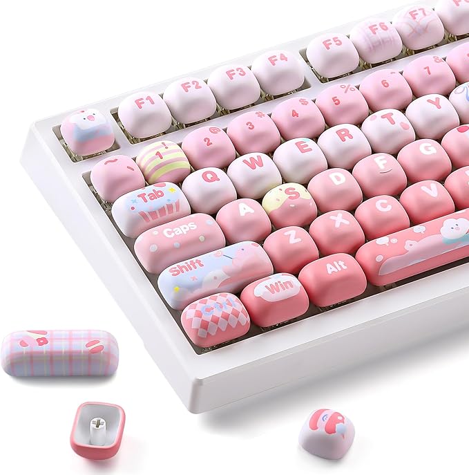 YUNZII Cute Pink Ice Cream Custom Keycaps 138 Keys Dye Sub PBT MOG Profile Keycap Set for Mechanical Gaming Keyboards (Pink Ice Cream)
