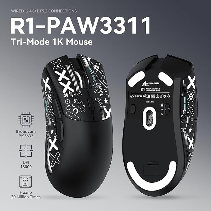 ATTACK SHARK X68 HE Wired Rapid Trigger Mechanical Gaming Keyboard and R1 Mouse with Adjustable ActuationCoiled CableUSB C/2.4Ghz Wireless/BT Ultralight 18K DPI Mice for Esport Gamer(Black Contour)