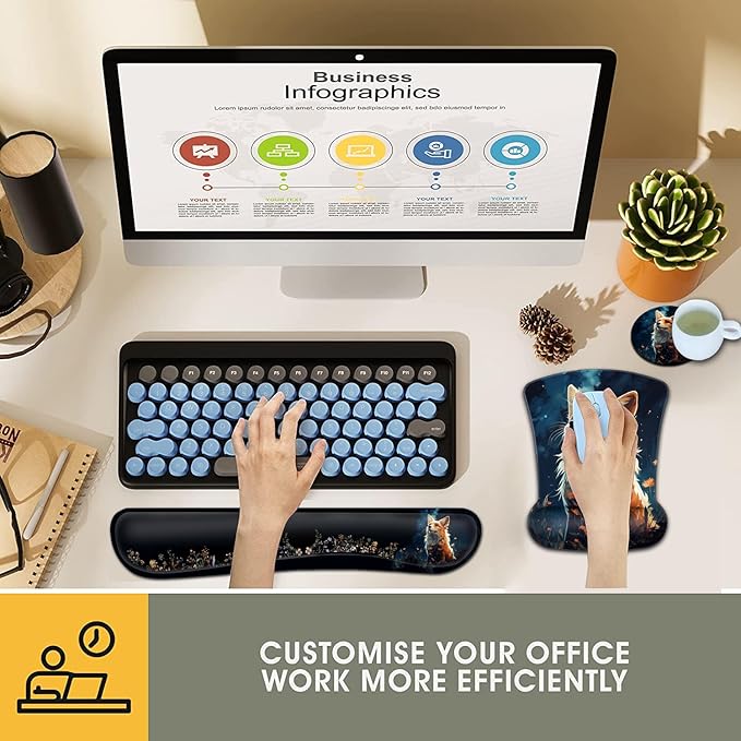 Keyboard Wrist Rest and Mouse Pad Wrist Support Set Ergonomic Gel Mouse Pad Wrist Rest with Non-Slip Base for Home Office Desk Pad Easy Typing Cute Red Fox Animal Pattern Black Gaming Mouse Mat