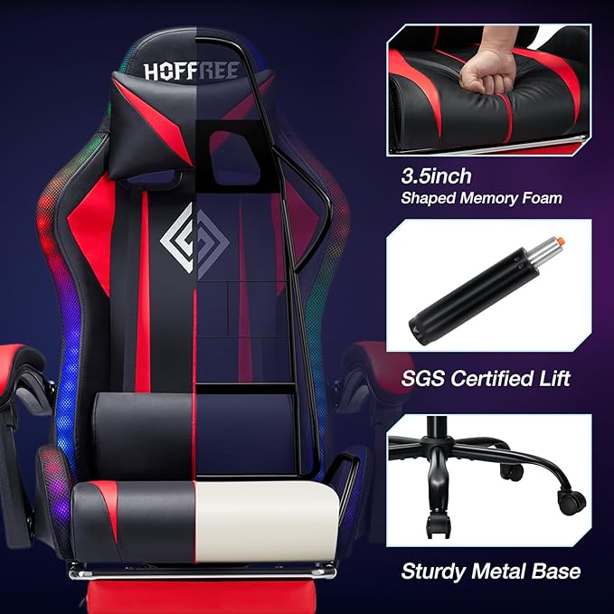 HOFFREE Gaming Chair Massage with LED RGB Lights and Footrest Ergonomic Computer Chair High Back Video Game Chair with Adjustable Lumbar Support Linkage Armrest Red and Black