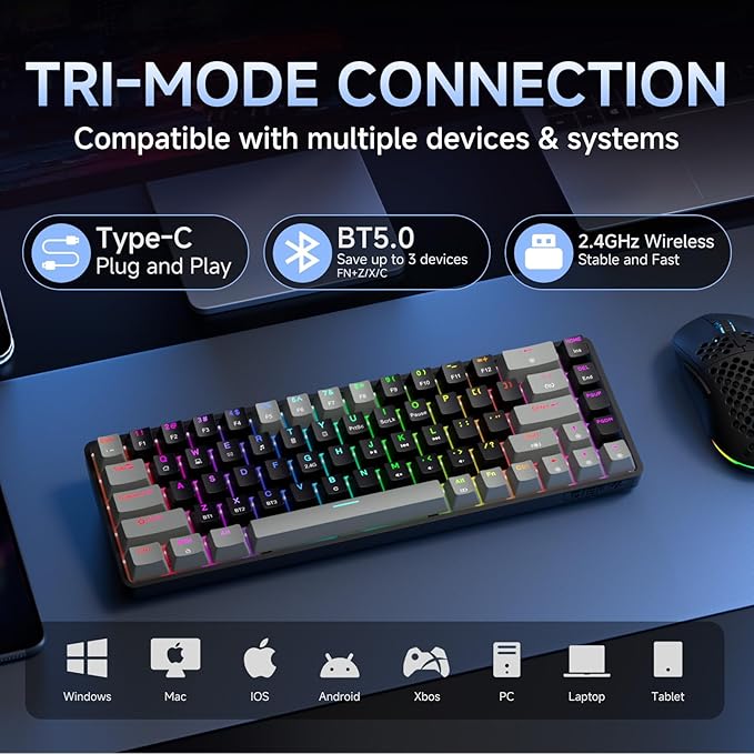 DIERYA DK68 60% Wireless Mechanical Gaming Keyboard 3 Modes Bluetooth/2.4GHz/USB-C with Red Linear Switch RGB Backlit Anti-Ghosting 68-Key Compact mini keyboard for Windows/macOS/Linux- Grey/Black
