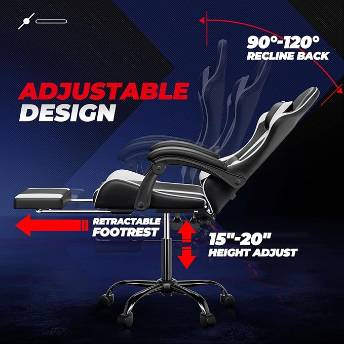Auto Dynasty Ergonomic Gaming Chair High-Back Office Chair w/Adjustable Lumbar Support Linkage Armrest Headrest &amp Footrest 350LBS Recliner Swivel Computer Game Racing Chair White/Black