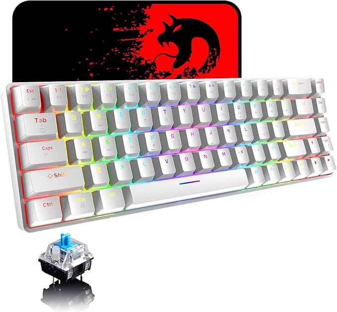 65% Wired Gaming Mechanical Keyboard and Mouse Combo Mini 68 Keys RGB Backlight Lightweight RGB Optical MouseMouse Pad Compatible with PS4XboxPCLaptopMAC (White/Blue Switch)