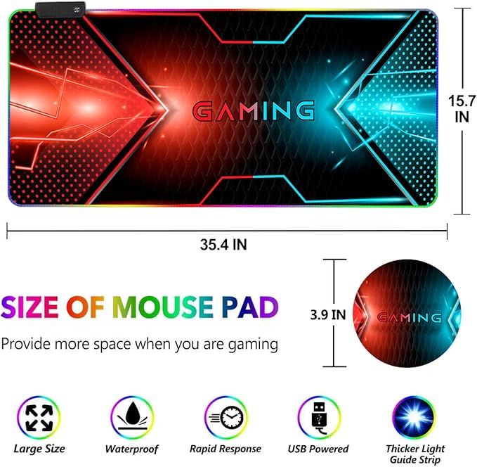 RGB Gaming Mouse Pad DINKY Large Extended Soft Led Mouse Pad with 14 Lighting Modes Water Resist Keyboard Pad Computer Keyboard Mousepads Mat 35.4×15.8 inches-Cool Gaming