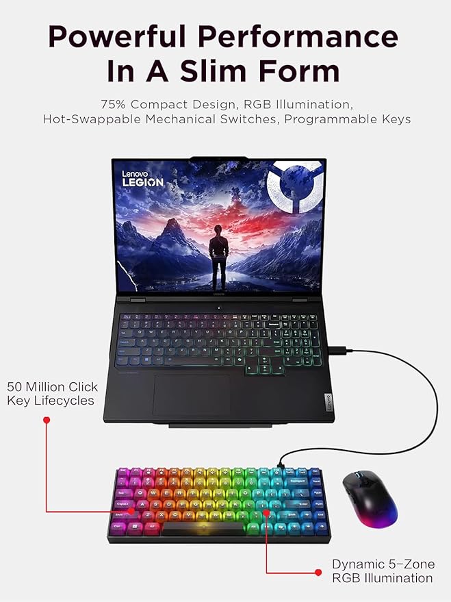 Lenovo Legion K510 Mini Pro Wired Mechanical Gaming Keyboard - 75% Compact Design RGB Illumination Hot-Swappable Mechanical Switches Programable Keys