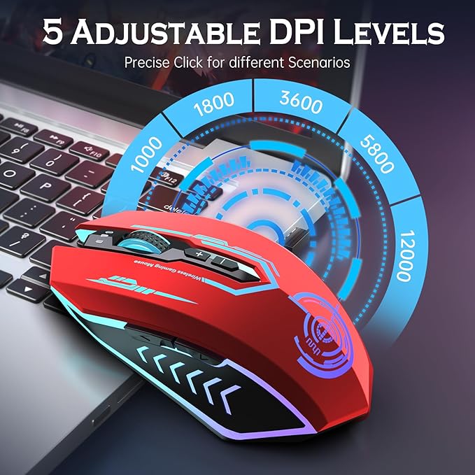 UHURU Gaming Mouse Wireless Gaming Mouse with 7 Buttons 7 Changeable LED Color up to 12000 DPI Rechargeable USB Gamer Mouse for PC Laptop (Red)