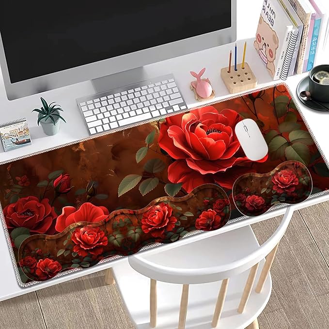 Large Gaming Mouse Pad + Keyboard Wrist Rest + Wrist Support + Coaster Set Memory Foam Ergonomic for Easy Typing XXL Extended Gaming Mouse Pad Table Pad - Red Rose