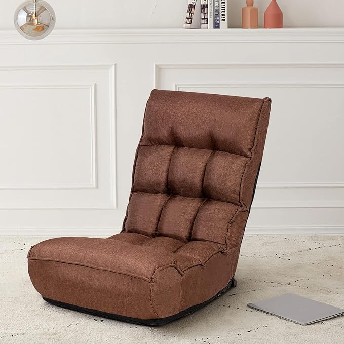 KOMFOTT Folding Floor Chair for Adults Floor Gaming Chair with 5-Position Adjustable Headrest &amp 4-Position Adjustable Backrest Side Pocket Floor Seating Lazy Sofa for Reading Meditating Brown