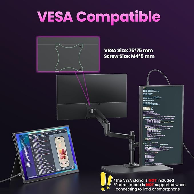 Portable Monitor 18.5 inch FHD 130% sRGB 100Hz HDR HDMI USB-C Travel Monitor for Laptop MacBook PC Surface PS5 Xbox Large External Display with Cover &amp Speakers VESA Compatible